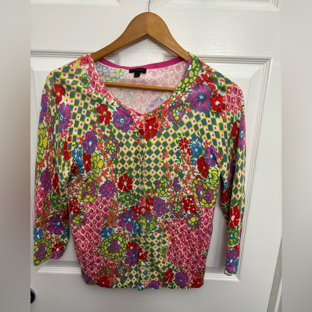 Talbots Vibrant Floral & Geometric Lightweight Colorful Spring Cardigan, Sz M